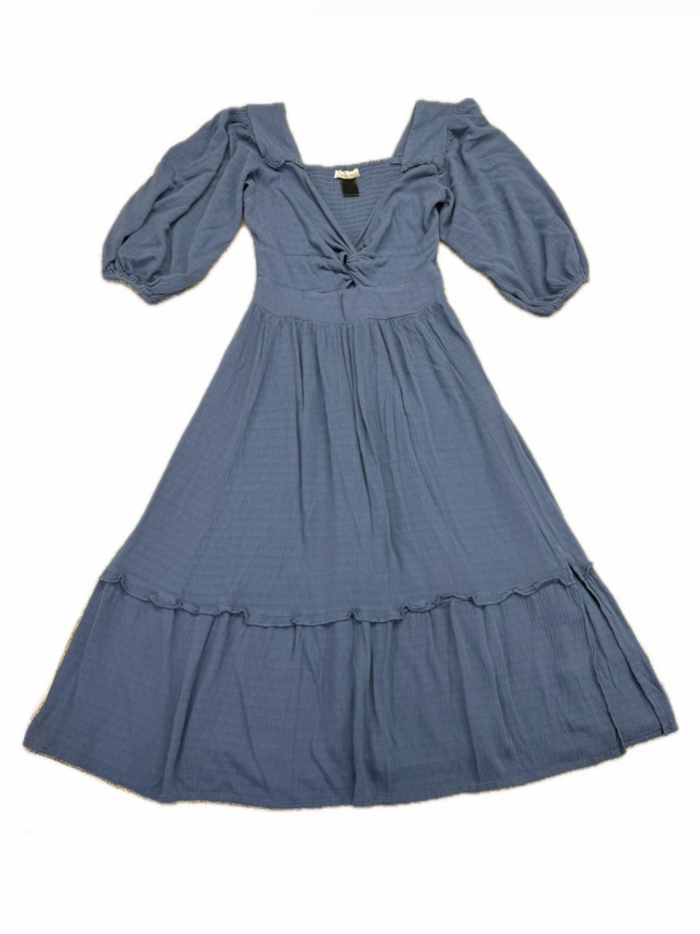 Wild Moss Women's Knot Front Smocked Back Blue Midi Dress Western Boho Size M